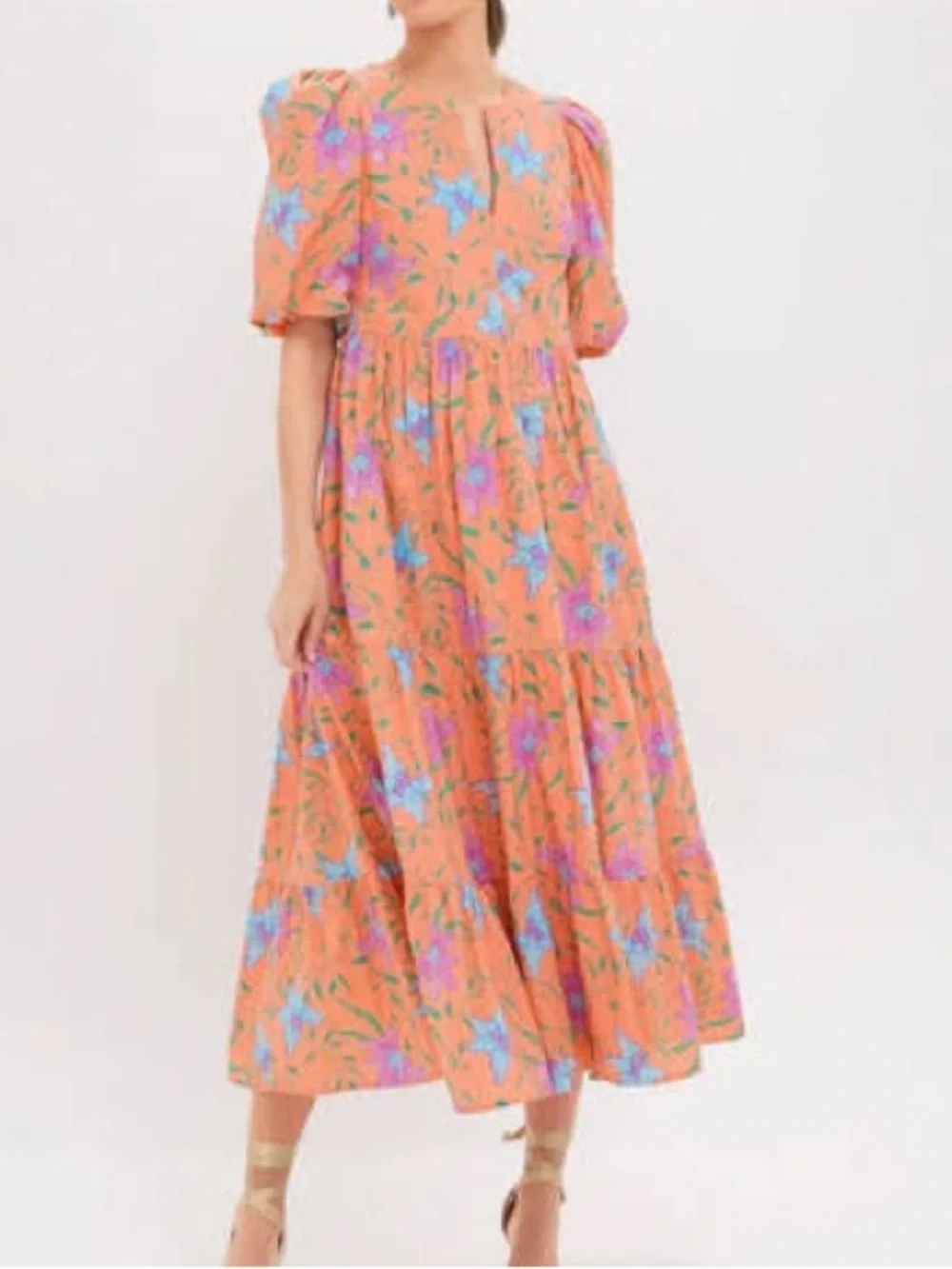 EUC Tuckernuck Hyacinth House Orange Floral Cisco Tiered Maxi Dress Small